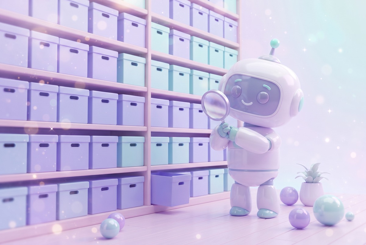 A small robot with a magnifying glass in front of a huge shelf of identical boxes, the cost of too many skills.