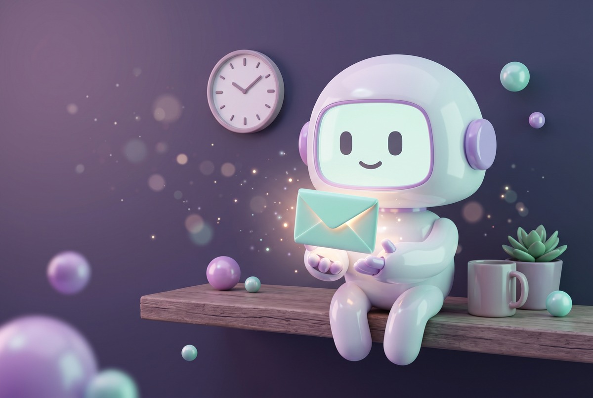 Robot sitting on a shelf at night holding a glowing envelope, the nightly recap email