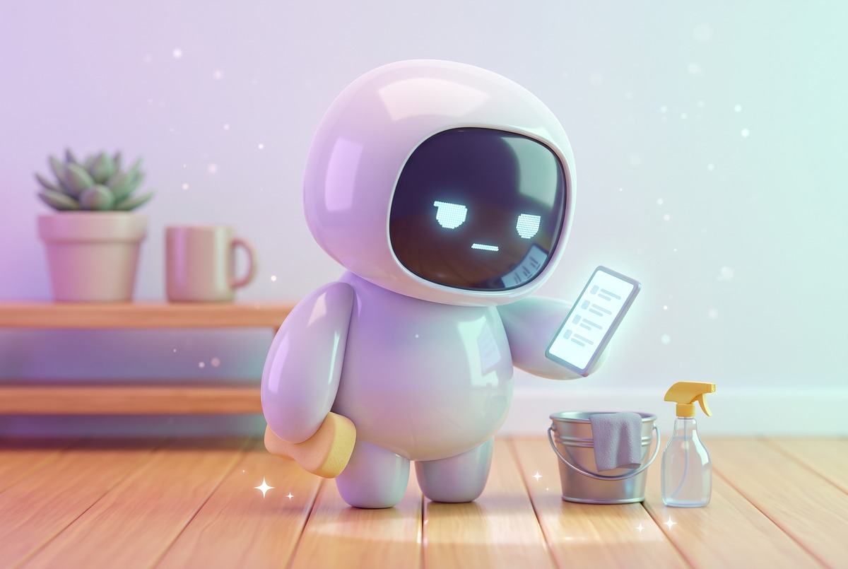 Robot holding a sponge and a checklist phone in a clean room, my gamified cleaning app problem