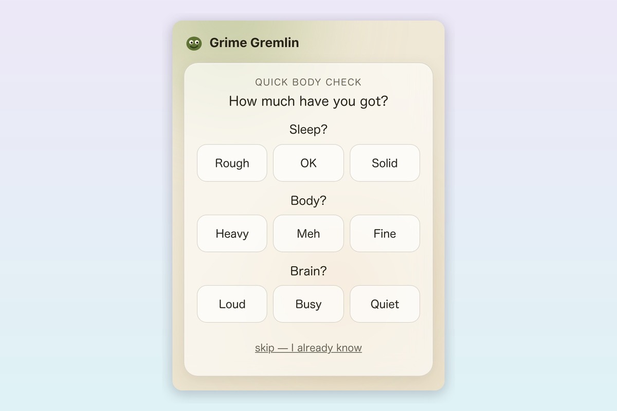 Gamified cleaning app energy check screen asking about sleep, body and brain before any task