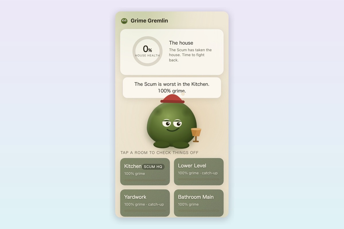 Gamified cleaning app showing 0 percent house health and every room at 100 percent grime