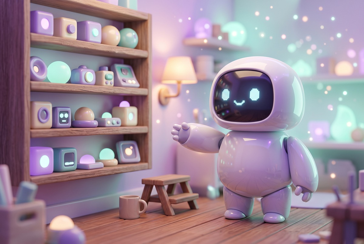 Friendly robot showing off a shelf of glowing tools, everything in my stack on display