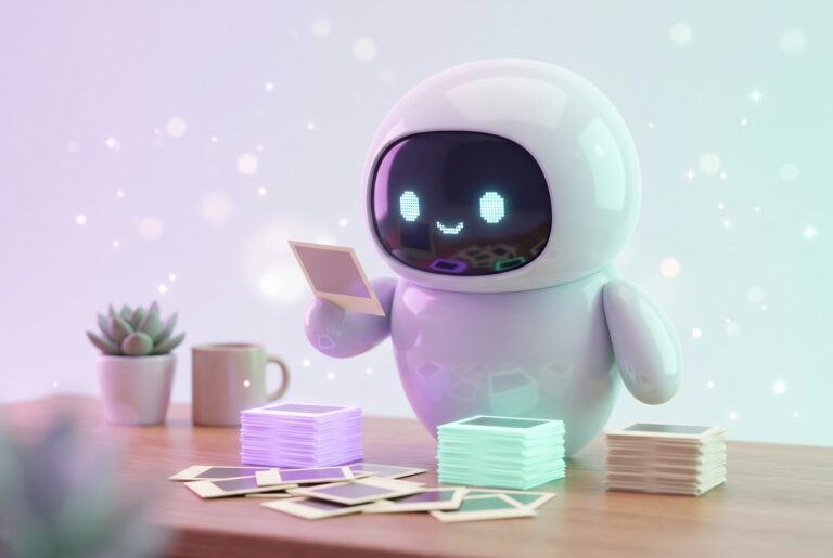 Robot sorting a messy pile of photo prints into three colored stacks, a way to organize screenshots