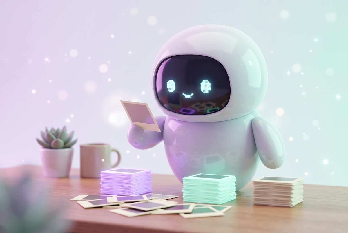 Robot sorting a messy pile of photo prints into three colored stacks, a way to organize screenshots