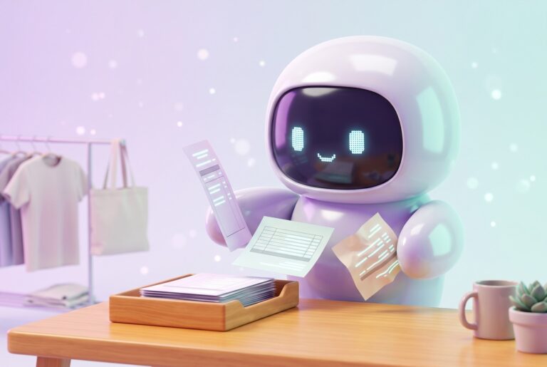 Robot sorting three mismatched sales printouts into one neat stack, the idea behind a print on demand sales tracker