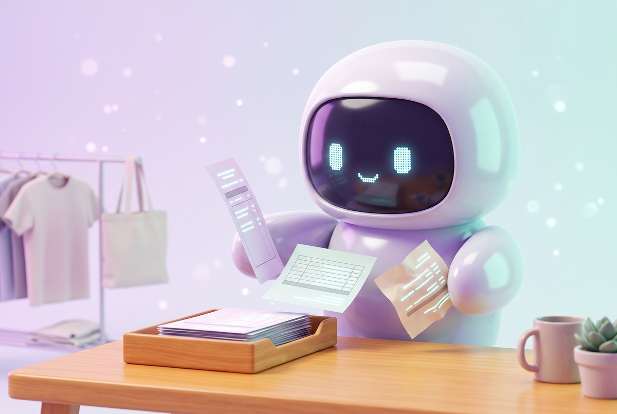 Robot sorting three mismatched sales printouts into one neat stack, the idea behind a print on demand sales tracker