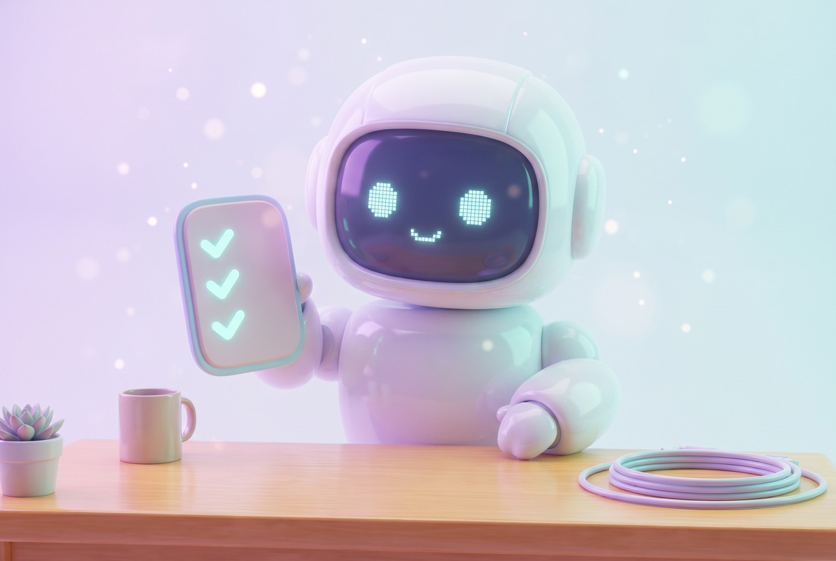 A white robot holds up a small board showing three glowing teal checkmarks, looking calm and finished.