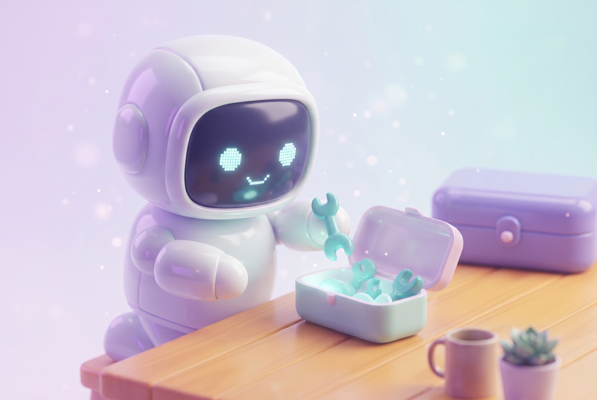 A friendly white robot picks a tool from a small open toolbox while a larger sealed case sits unopened behind it.
