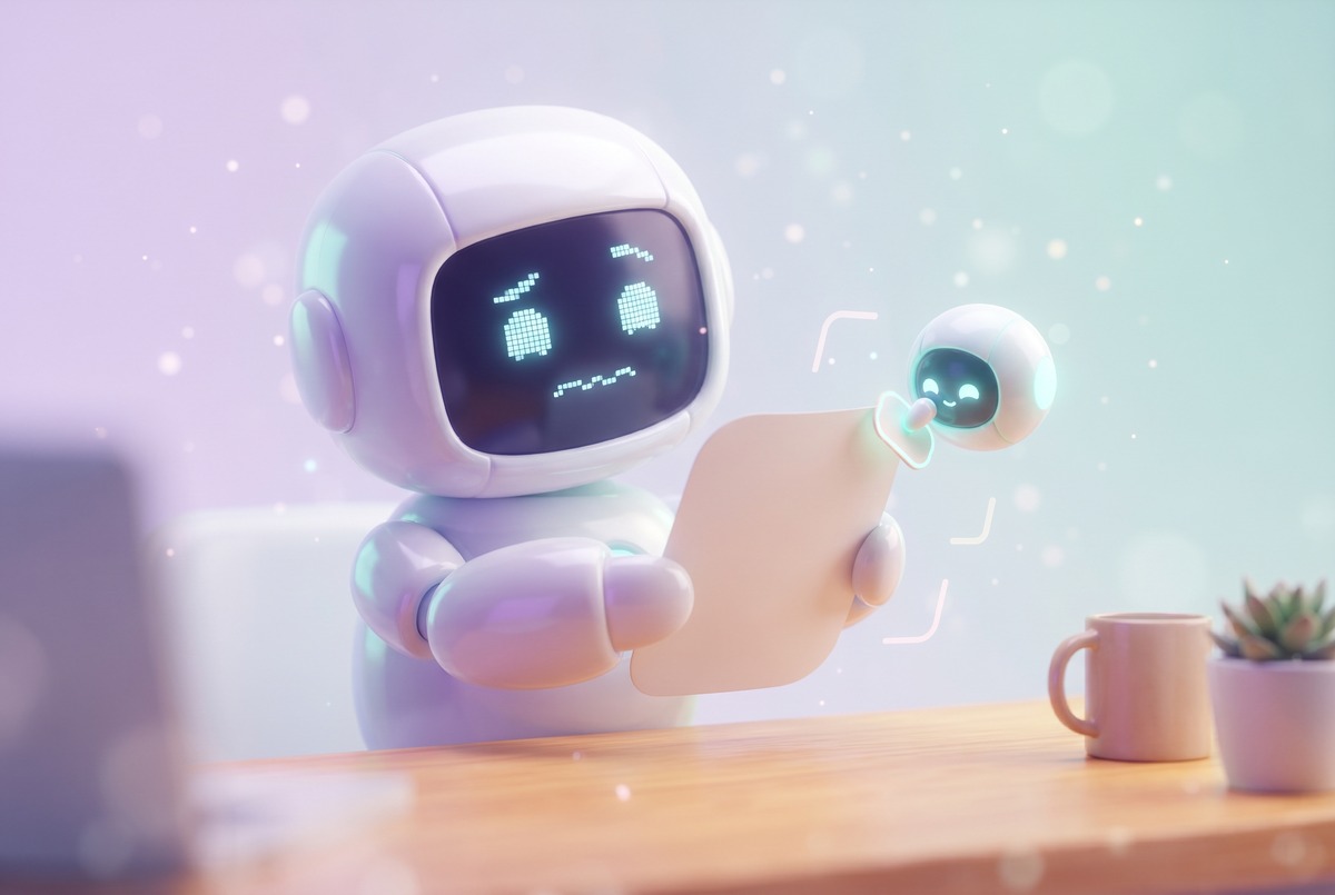 A puzzled white robot holds a blank page while a small glowing helper attaches a structured data tag to its corner.