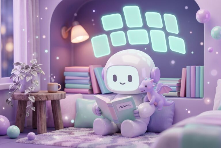 Robot reading in a cozy nook with a small dragon and a reading tracker dashboard glowing behind it