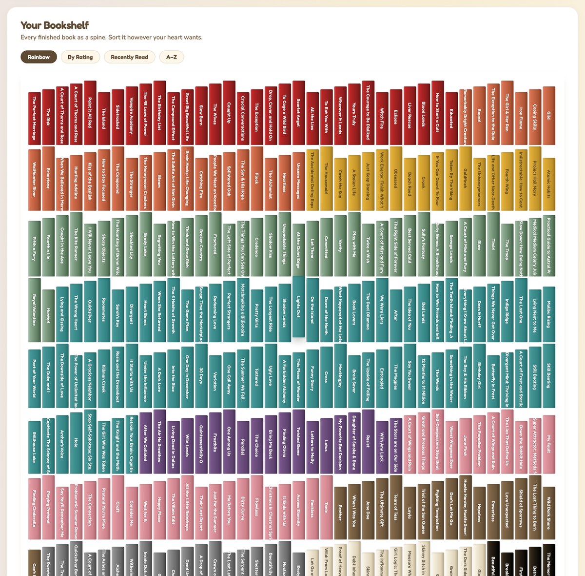 Every finished book in the reading tracker drawn as a coloured spine, sorted into a rainbow