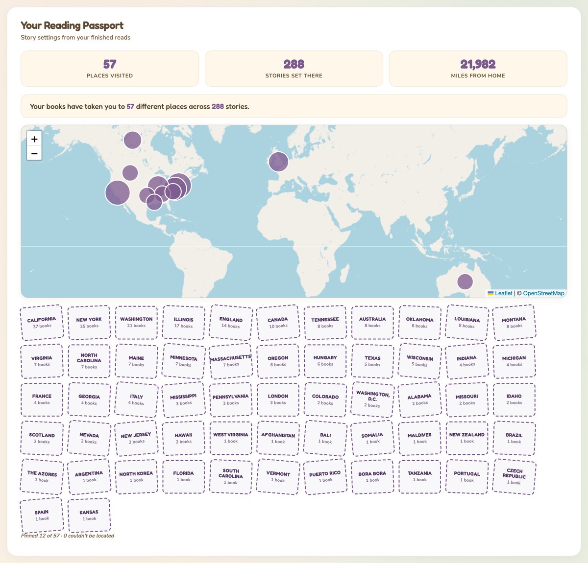 Reading tracker map and passport stamps showing 57 places the finished books were set in