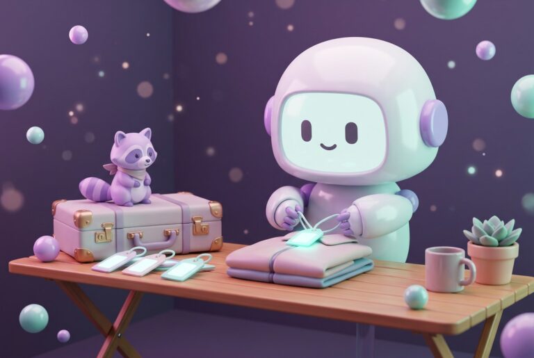 Robot tagging thrifted items at a market table with a raccoon, standing in for a reselling profit dashboard