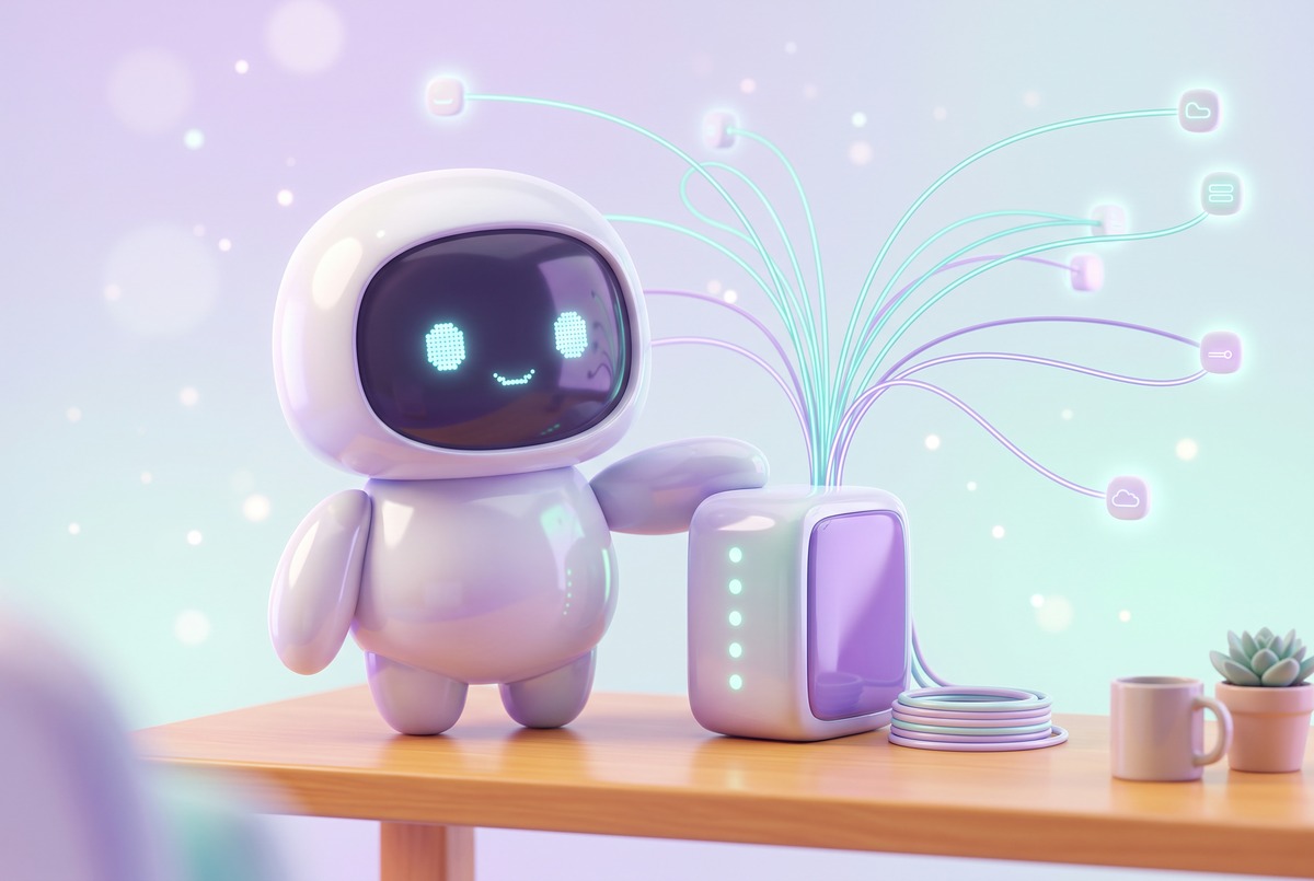 A friendly white robot rests a hand on its own small server, workflow lines arcing out, to self-host n8n on Hostinger.