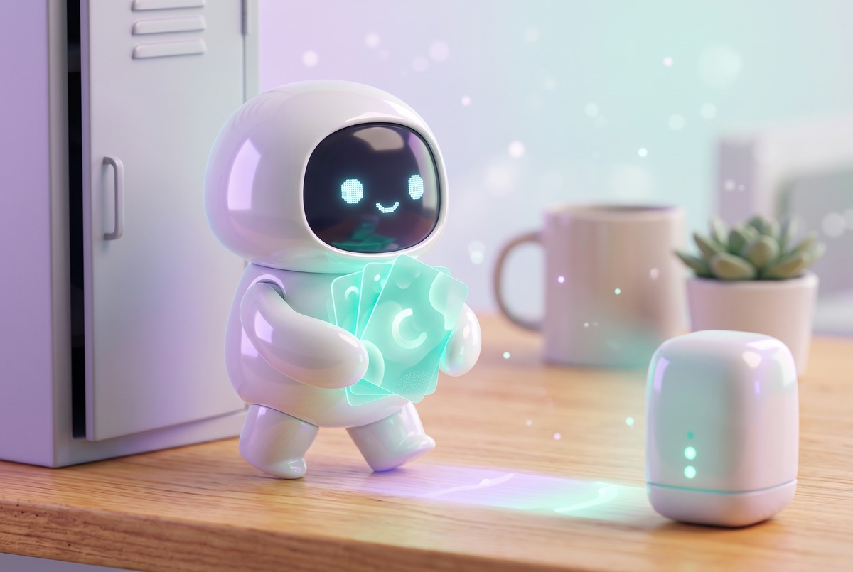 A white robot carries glowing workflow cards away from a locker toward its own server after moving off n8n Cloud.