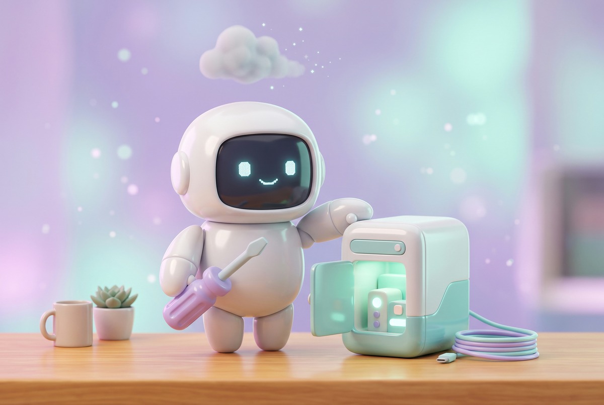 A white robot holds a screwdriver beside an open server panel while a small worry cloud drifts away above it.