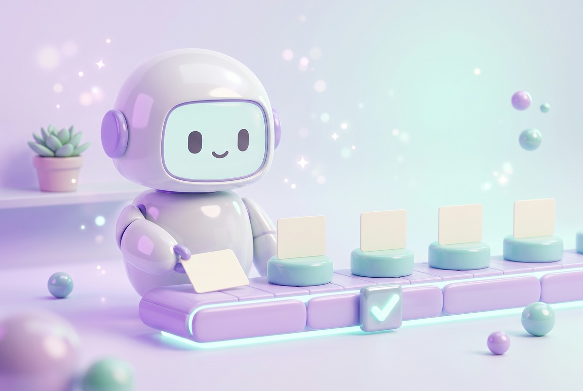 Robot feeding a card along a five-stage social media automation pipeline with an approval checkbox