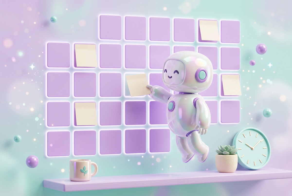 Robot spacing social posts across a calendar grid with a clock beside it