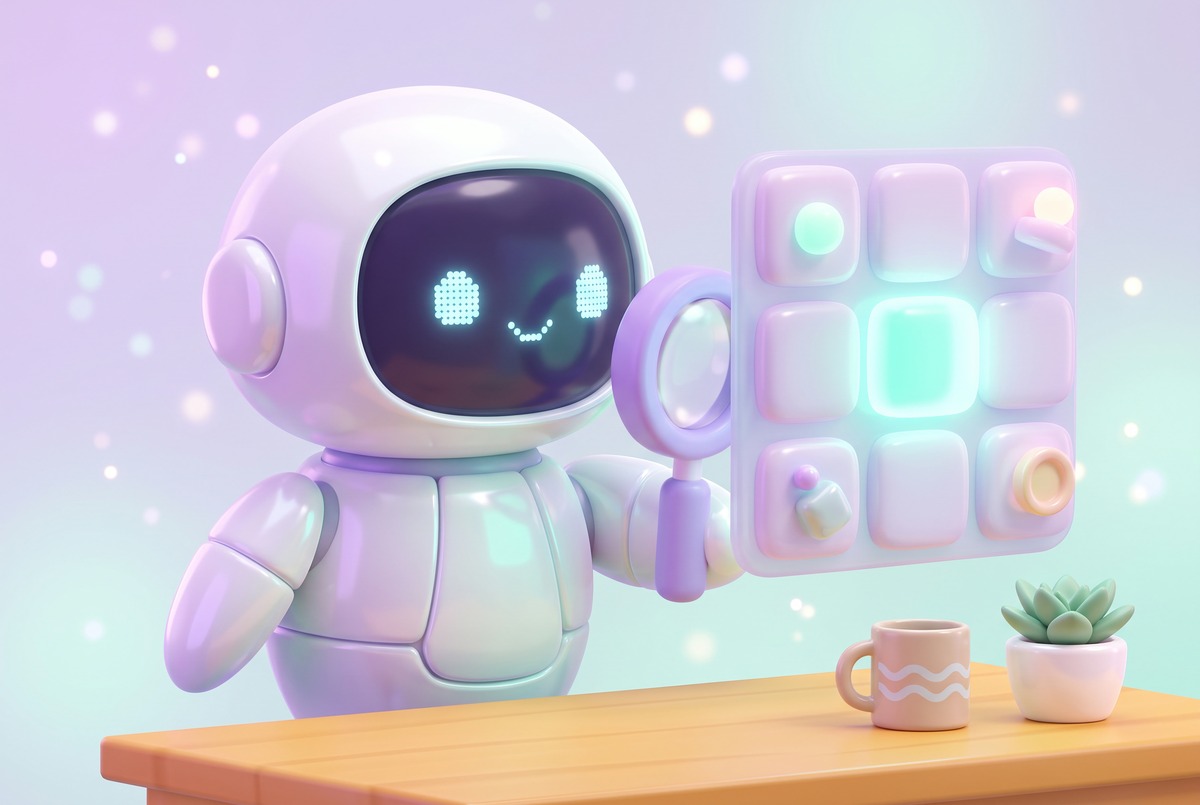 A white robot holds a magnifying glass to a grid panel where one compartment glows, finding AI referrals hidden in Other.