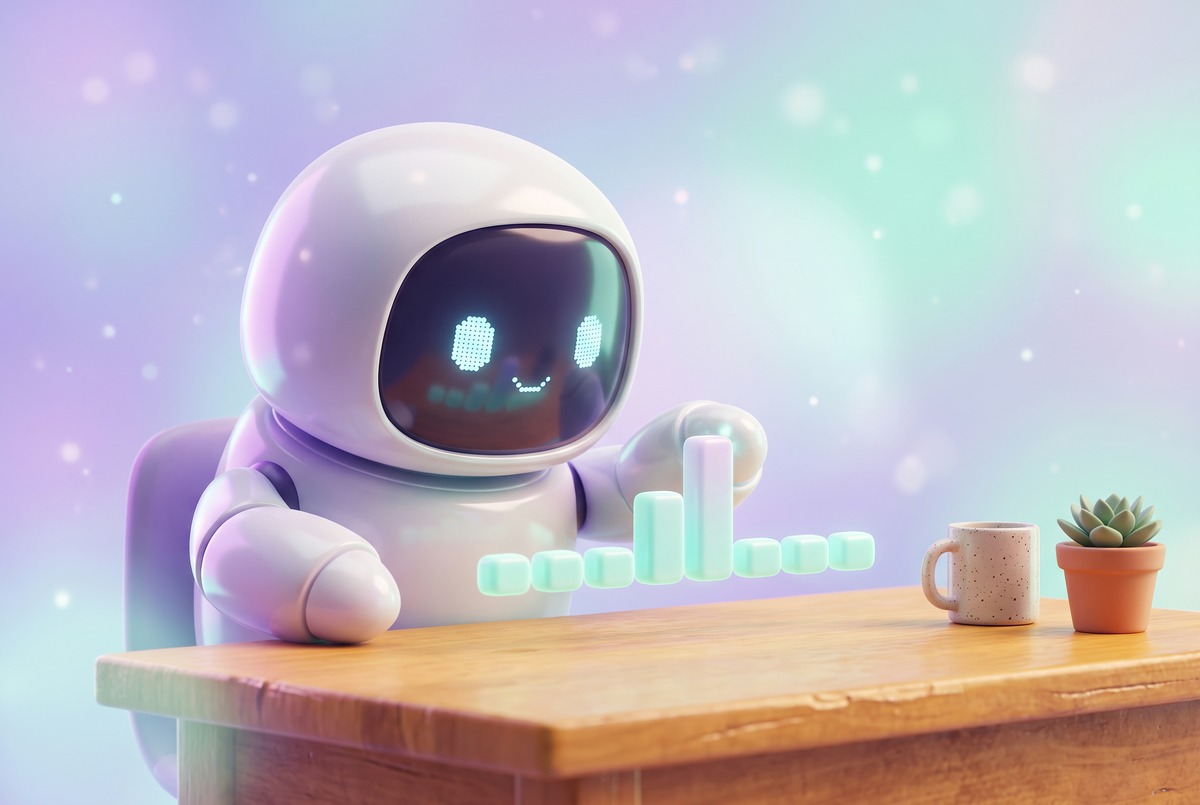 A friendly white robot points at one taller bar in a mostly flat glowing chart while it tracks AI traffic in GA4.