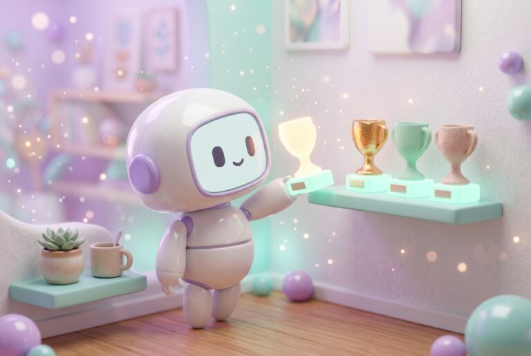 Robot placing a glowing trophy on a shelf, a way to track what you actually got done