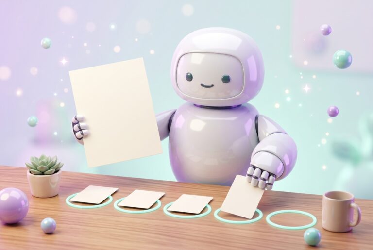 Robot holding a blog page and laying out cards to turn blog posts into social media posts