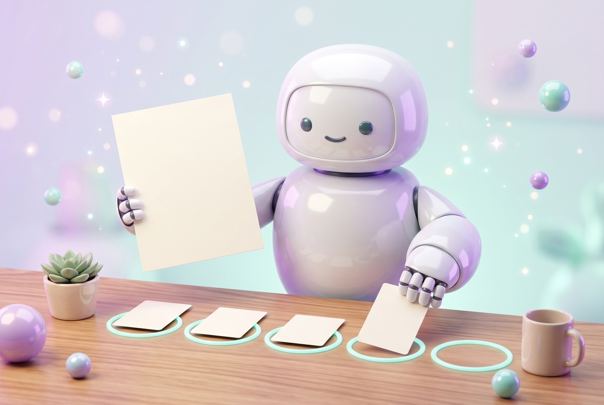 Robot holding a blog page and laying out cards to turn blog posts into social media posts