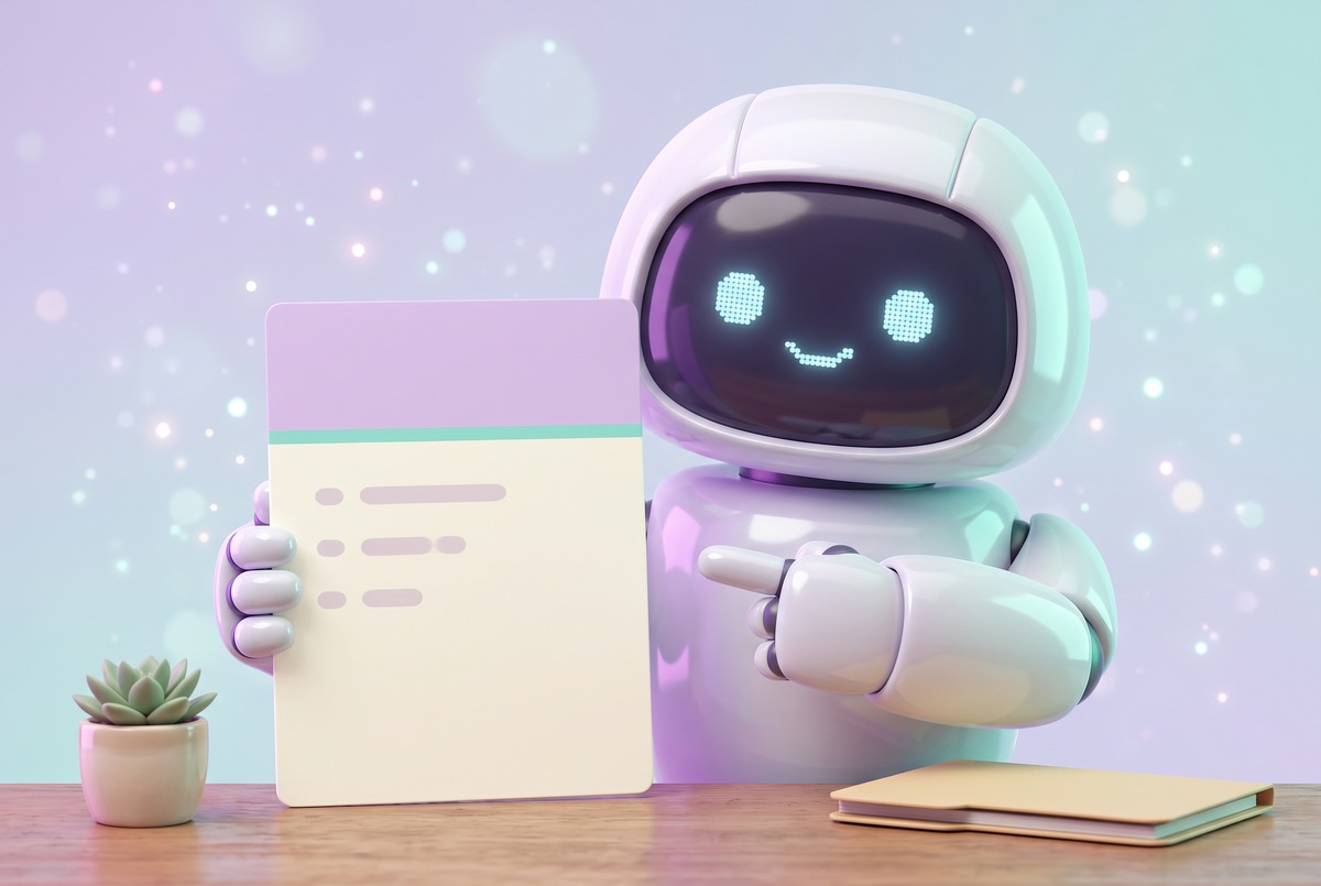 A robot pointing at the two parts of a Claude Code skill file, frontmatter on top and instructions below.
