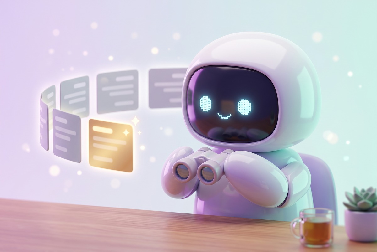 Friendly robot scanning floating job listings with binoculars, one glowing gold, an AI job search at work