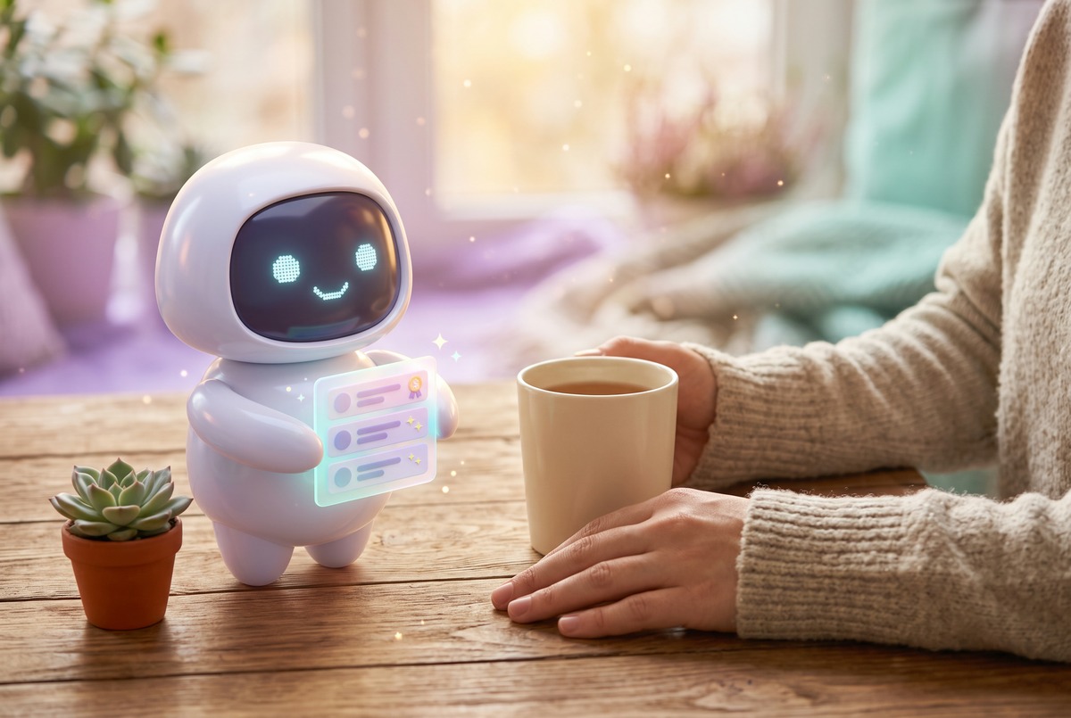 Small robot handing over a short ranked list beside a mug of tea, the weekly AI job search report