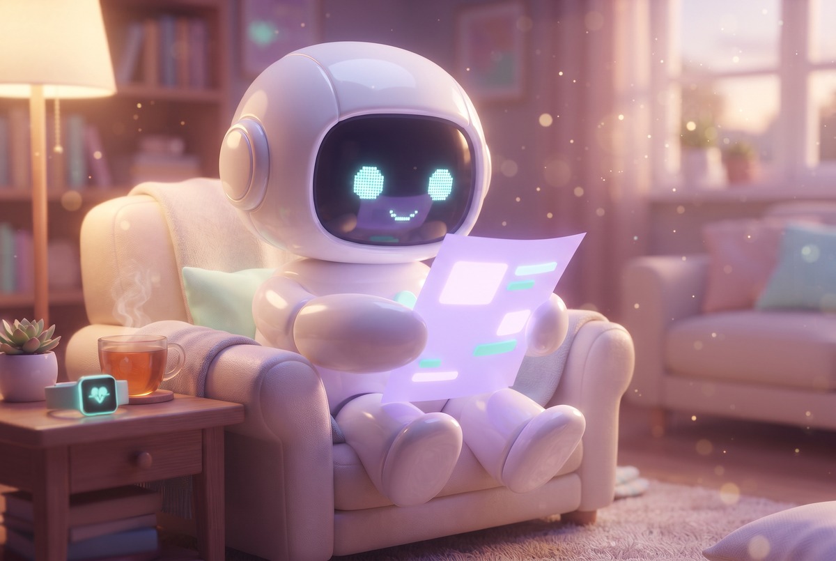Robot in an armchair reading a one-page report, the Sunday health scan built on the Apple Health to Airtable sync