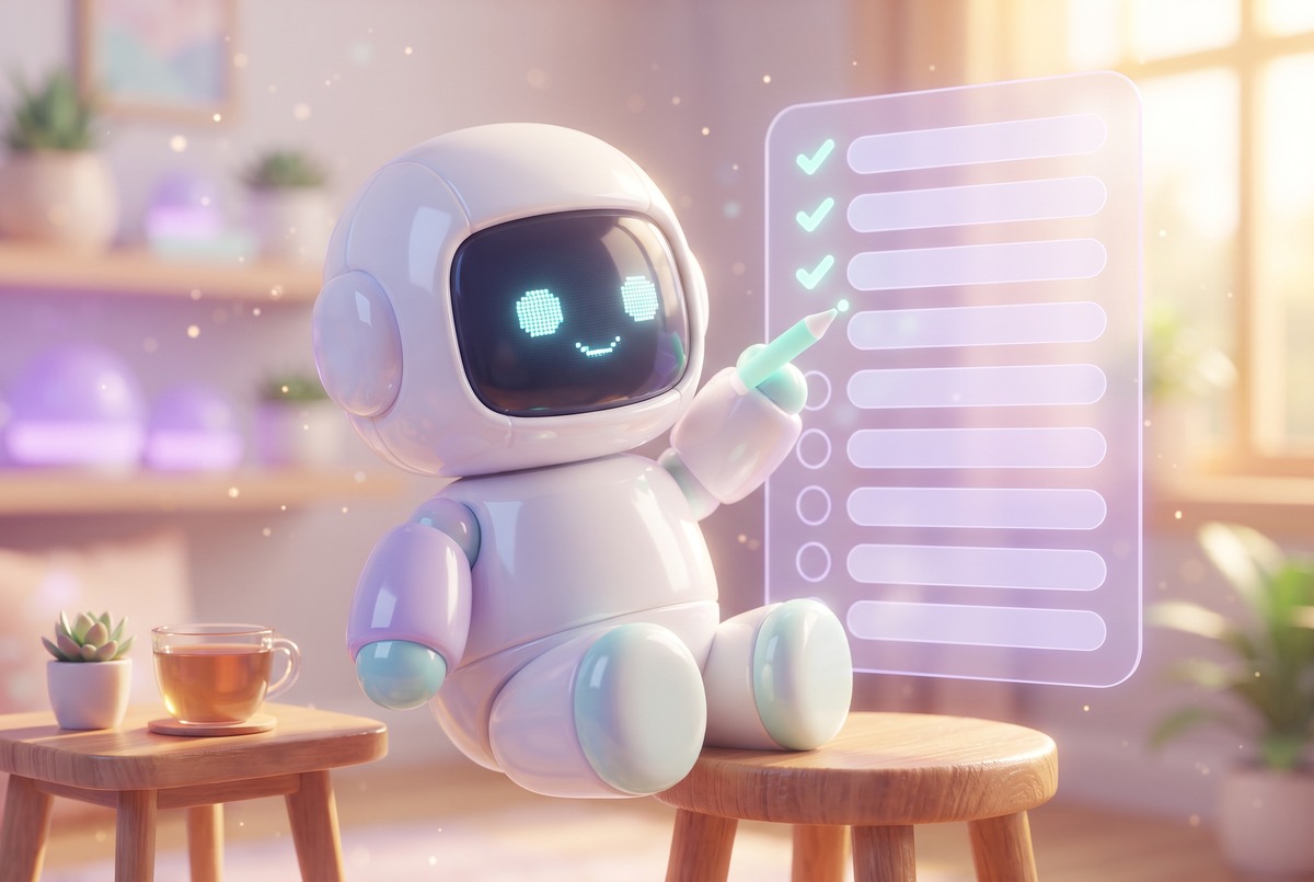 A white robot ticks off rows on a floating checklist, the way a build catalog gets filled in one row at a time.
