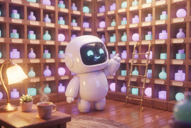A small white robot points at a wall of glowing shelves, standing in for a build catalog of everything you have made.