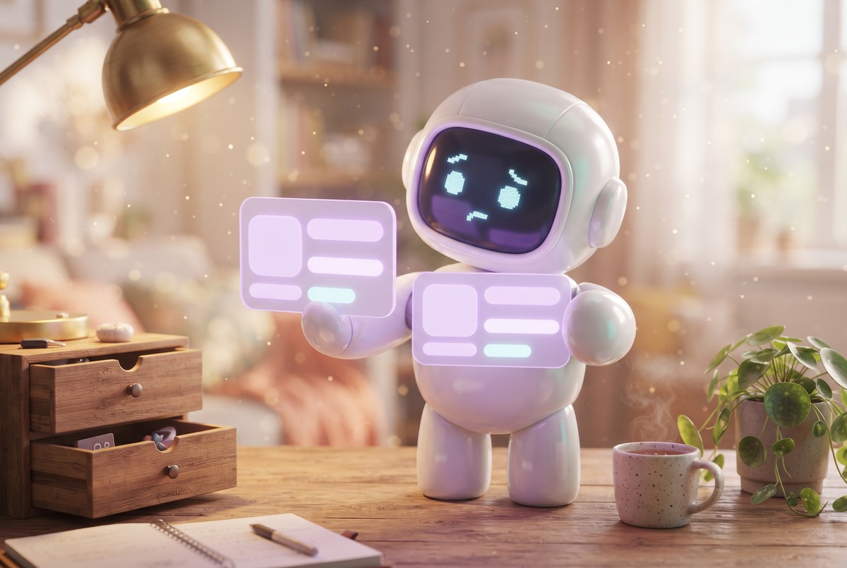 A puzzled white robot holds up two identical glowing panels, the duplicate a build catalog is meant to catch.