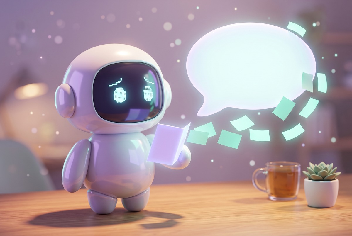 Robot holding up a small booklet to a glowing speech bubble, hoping to be cited by ChatGPT
