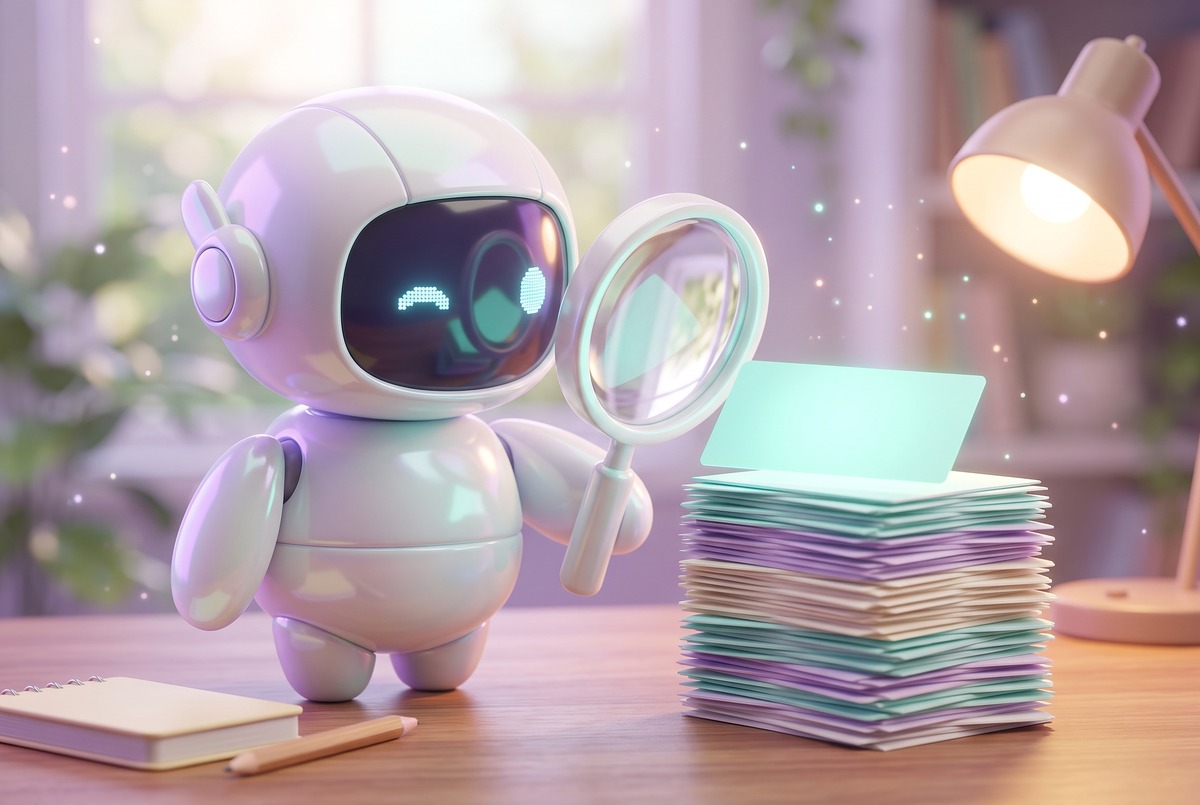 Robot with a magnifying glass checking a tall stack of cards where one glows, like searching for a cited page