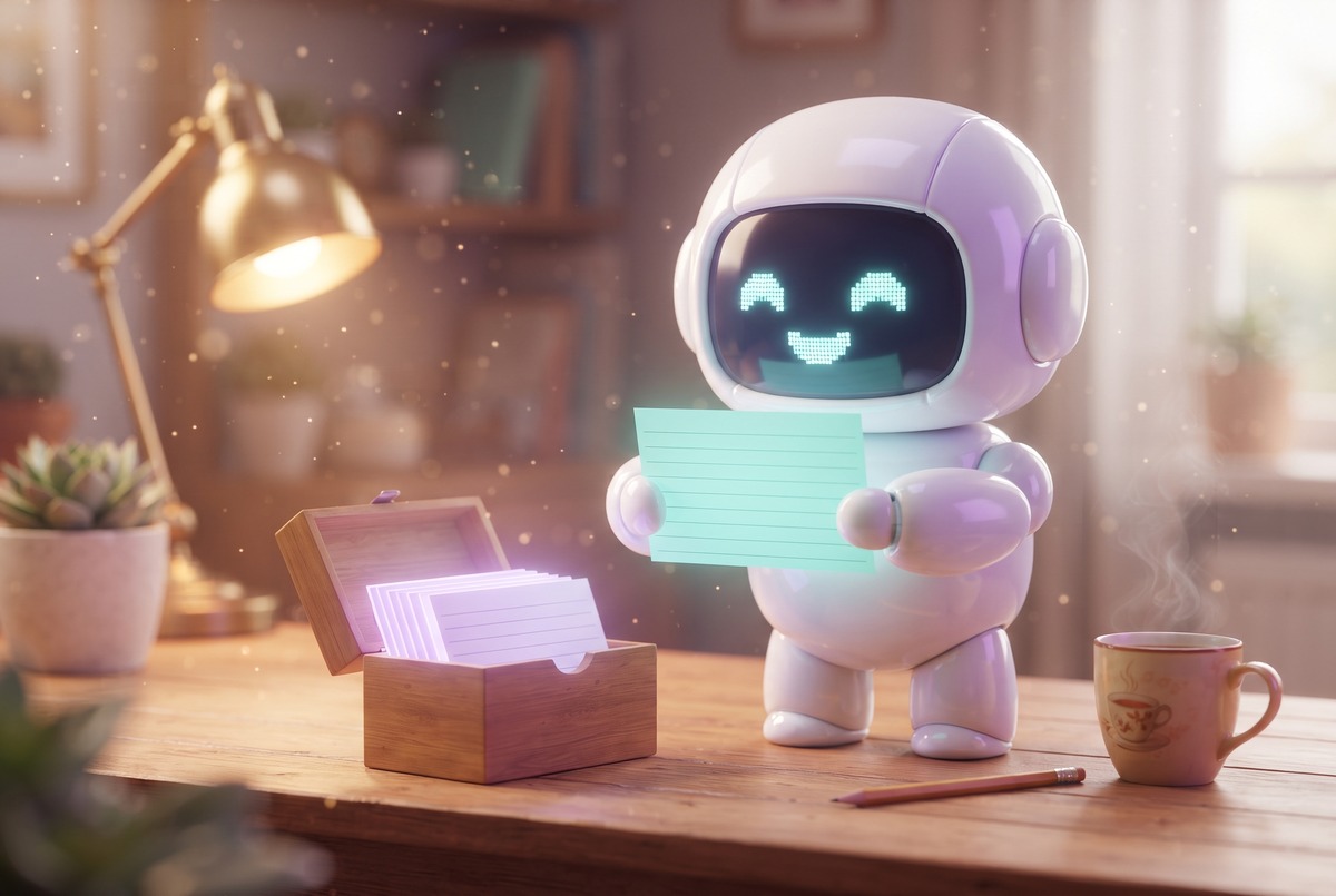 Robot holding a new index card beside a recipe box of saved cards, like a first Claude Code skill