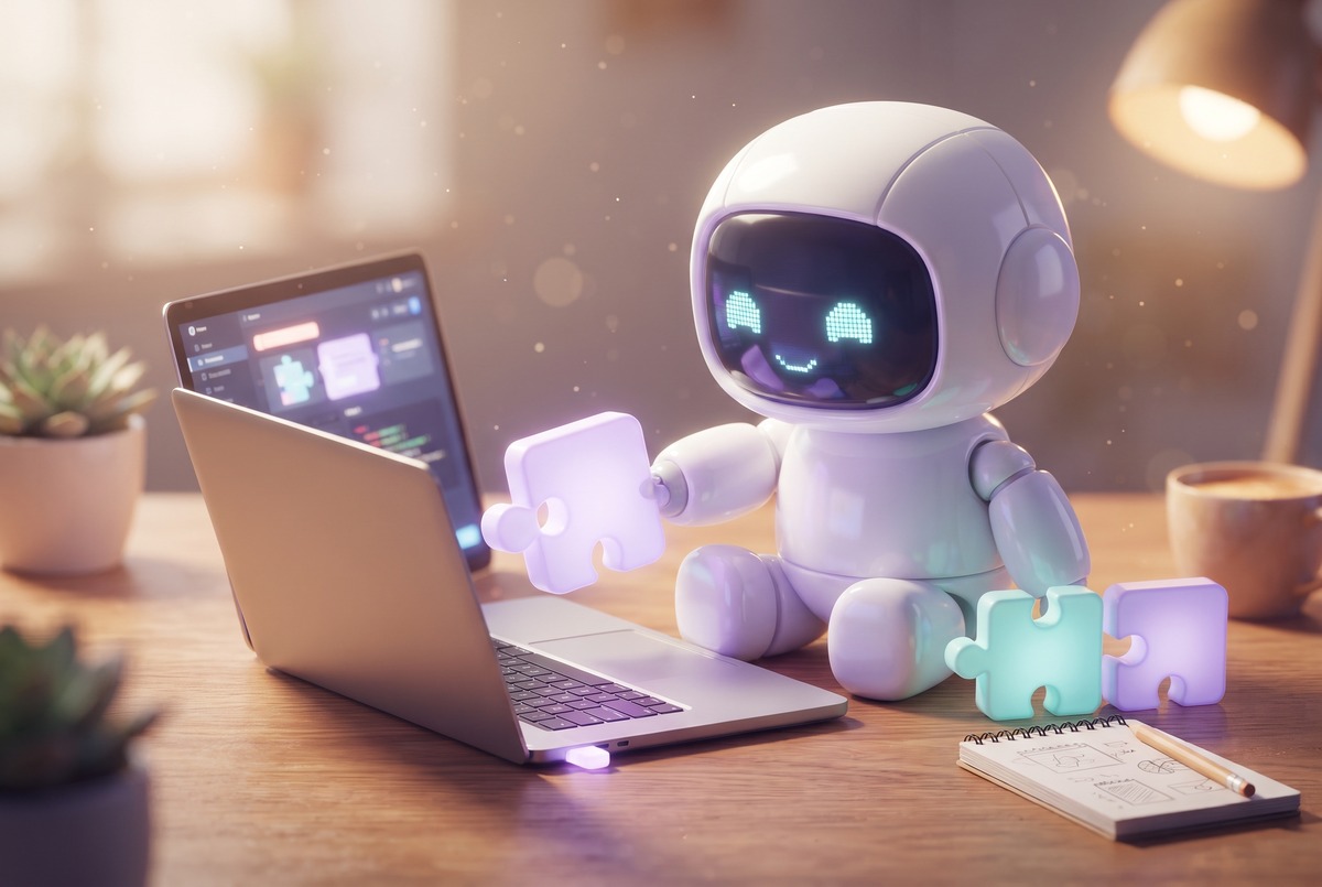 Robot slotting a glowing puzzle piece into a laptop, like installing a Claude Code plugin