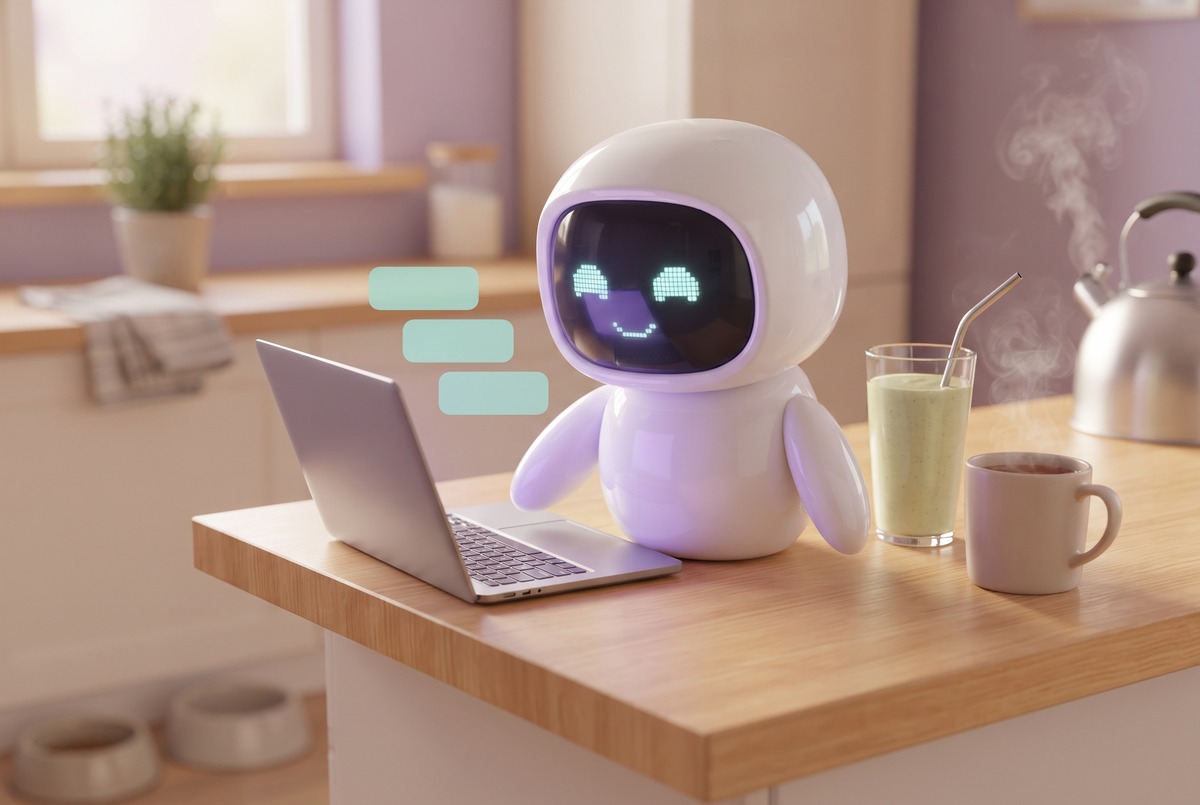 A robot working a Claude Code to do list on a kitchen counter beside a smoothie and a mug of tea