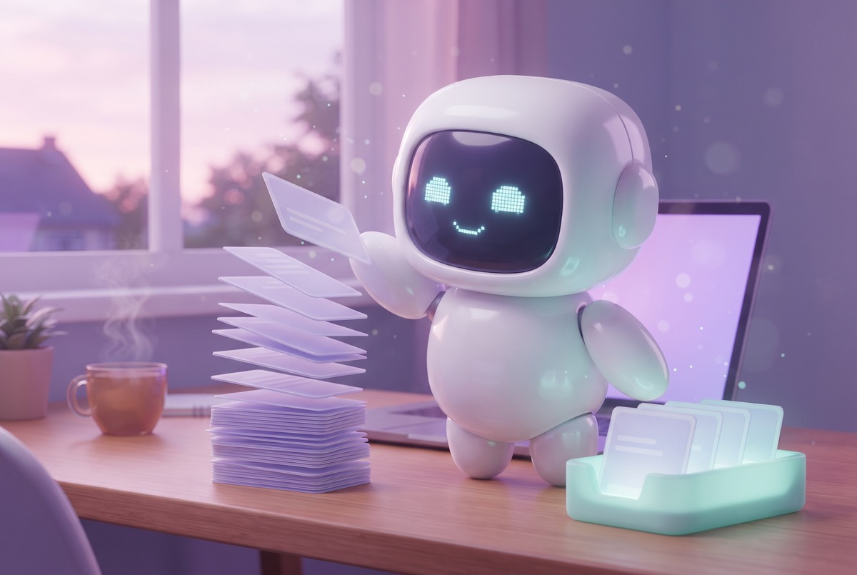 A small robot working a Claude Code to do list, lifting one card off a tall stack at dawn