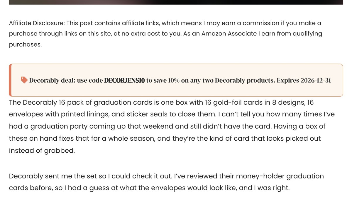 Coupon code automation box under the affiliate disclosure on a Jen Tried It review post