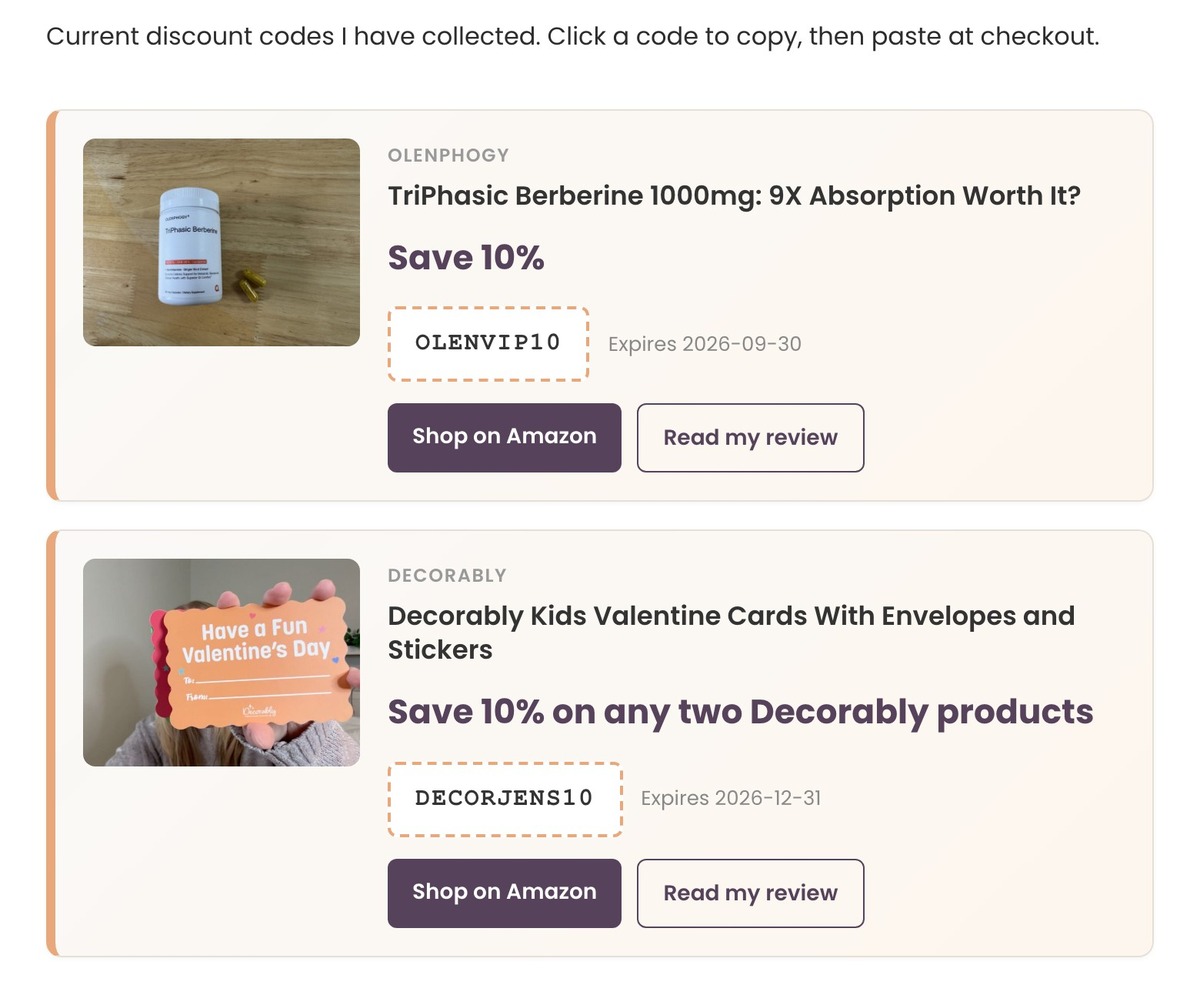 Deals page rebuilt by coupon code automation, listing two active codes with expiration dates