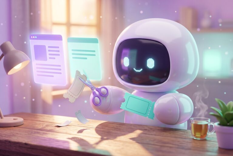 Coupon code automation robot snipping an expired coupon off a blog page and adding a fresh teal one