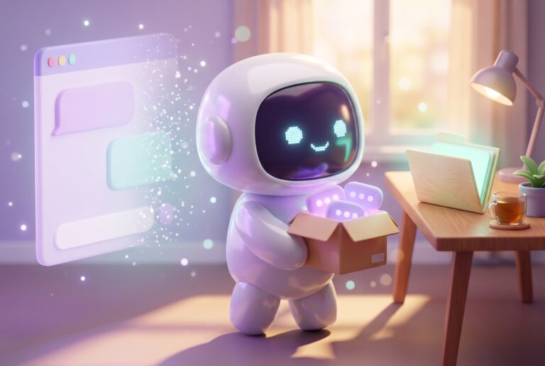 Robot carrying a box of chat bubbles away from a fading chat window, since custom GPTs are going away