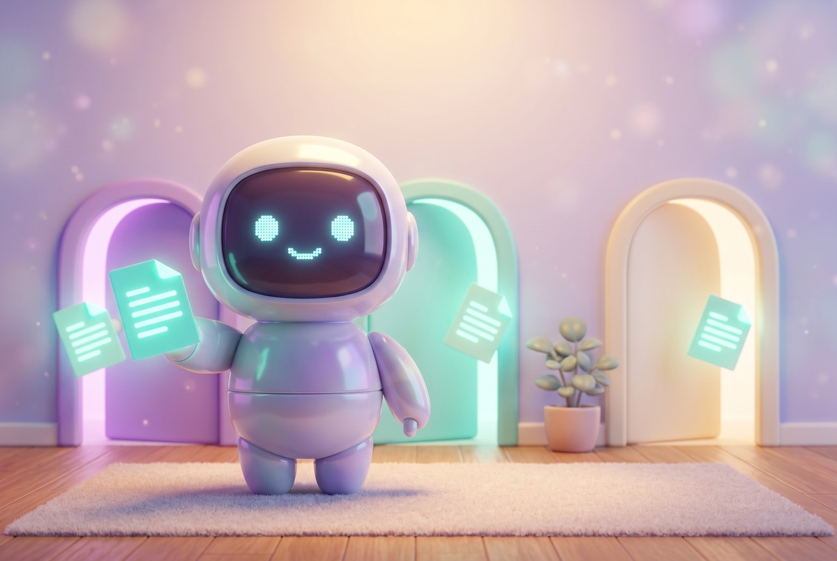 Robot sending copies of one skill file through three doorways, a skill that works in several AI tools