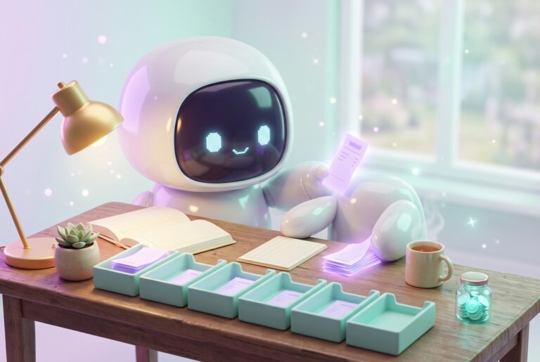 Friendly robot sorting receipts into trays next to an open ledger, how I do my own bookkeeping without QuickBooks