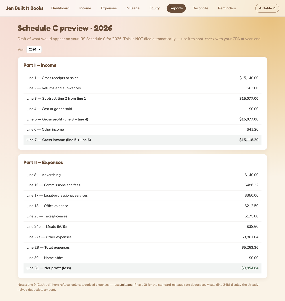 Schedule C preview page from my own bookkeeping system, income and expense lines with demo numbers