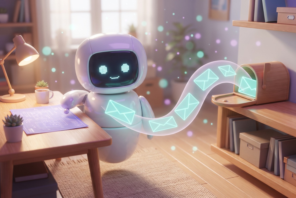 Robot routing glowing alert envelopes away from its desk into a separate mailbox across the room