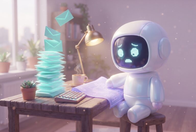 Robot at a desk asking does automation save time while alert envelopes pile up beside its plans