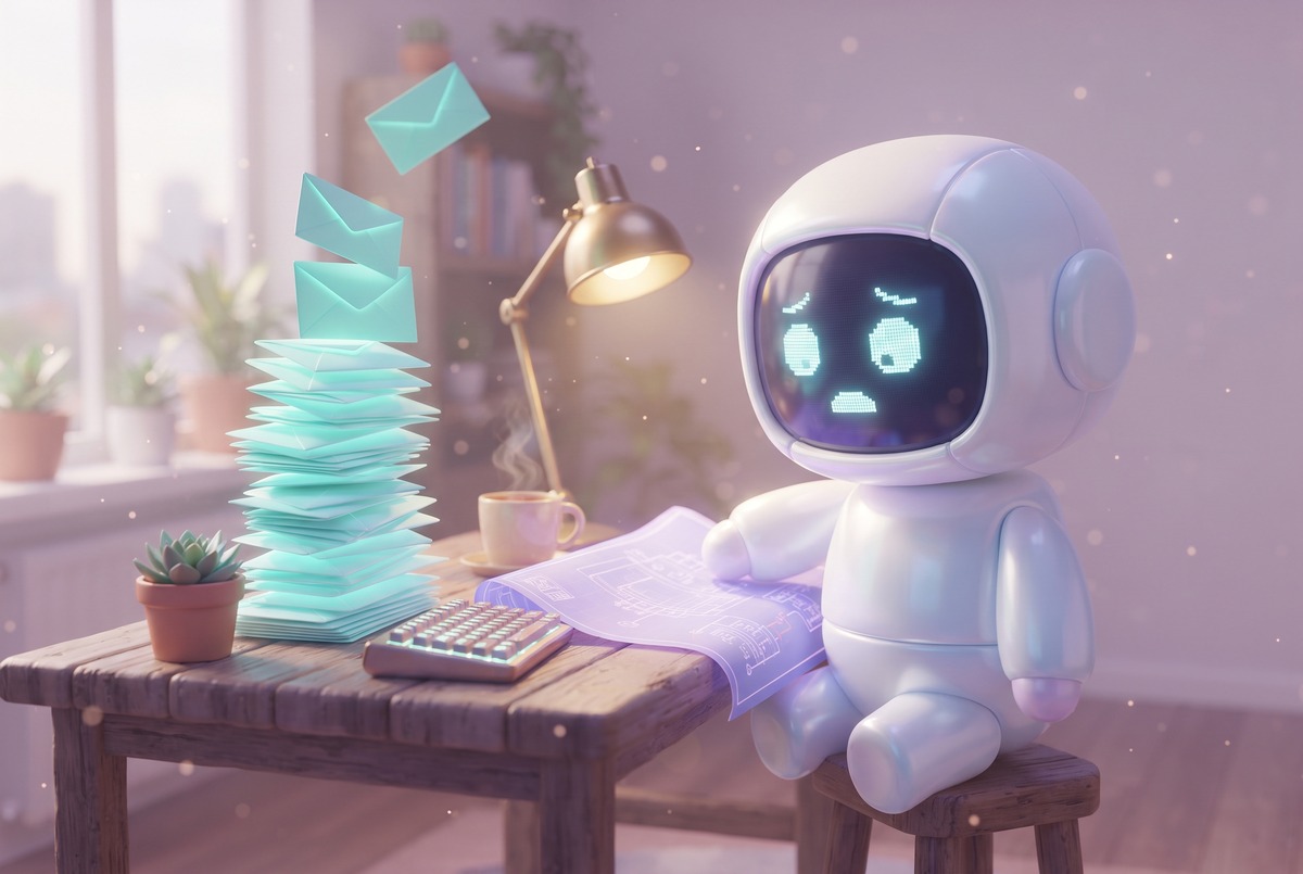 Robot at a desk asking does automation save time while alert envelopes pile up beside its plans